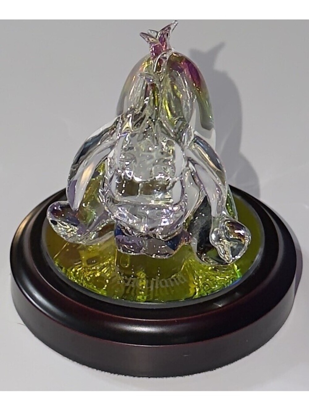 Disney's Winnie The Pooh " Eeyore" Glass Figurine Arribas Bros. Wood Base 4.5”